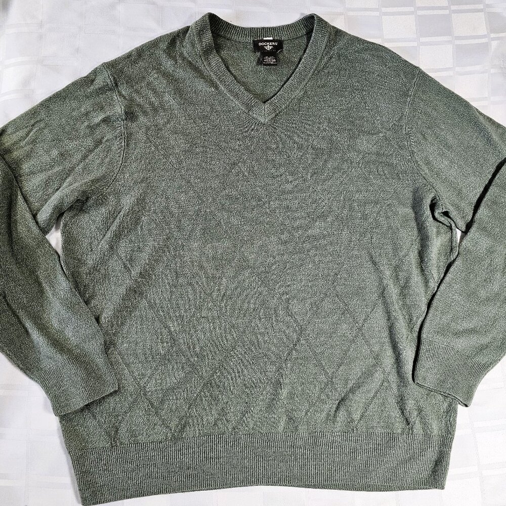 DOCKERS MEN'S LARGE PULLOVER LONG SLEEVE SWEATER DIAMOND PATTERN STYLE GREEN